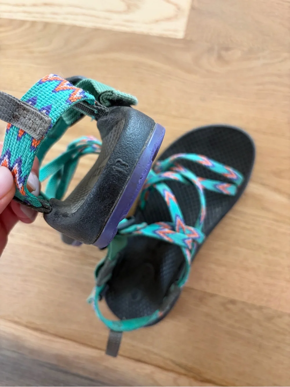 Chaco Kids Black Sandals with Teal & Coral Patterned Straps